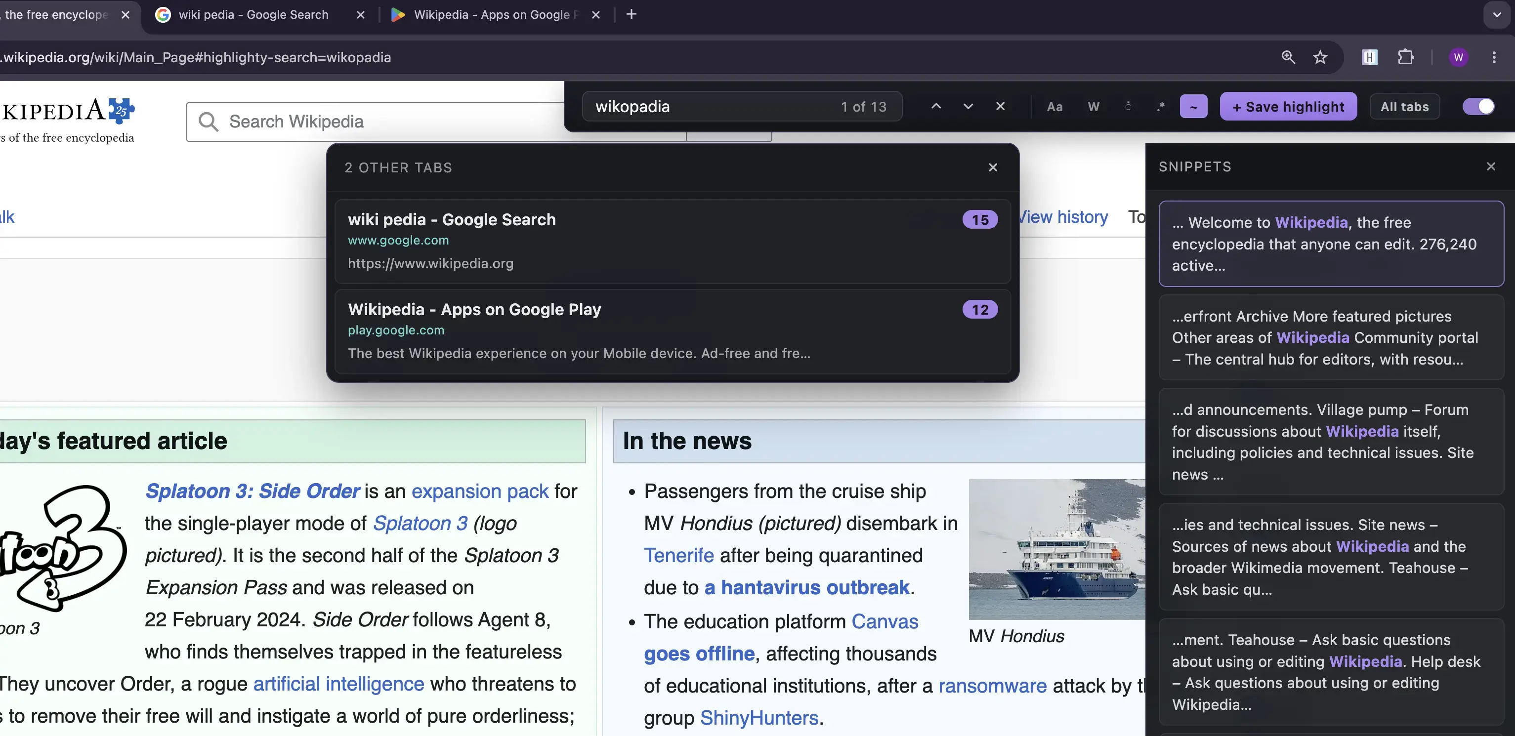 Highlighty's Cmd+F search bar with modifier toggles and saved-query chips on Wikipedia