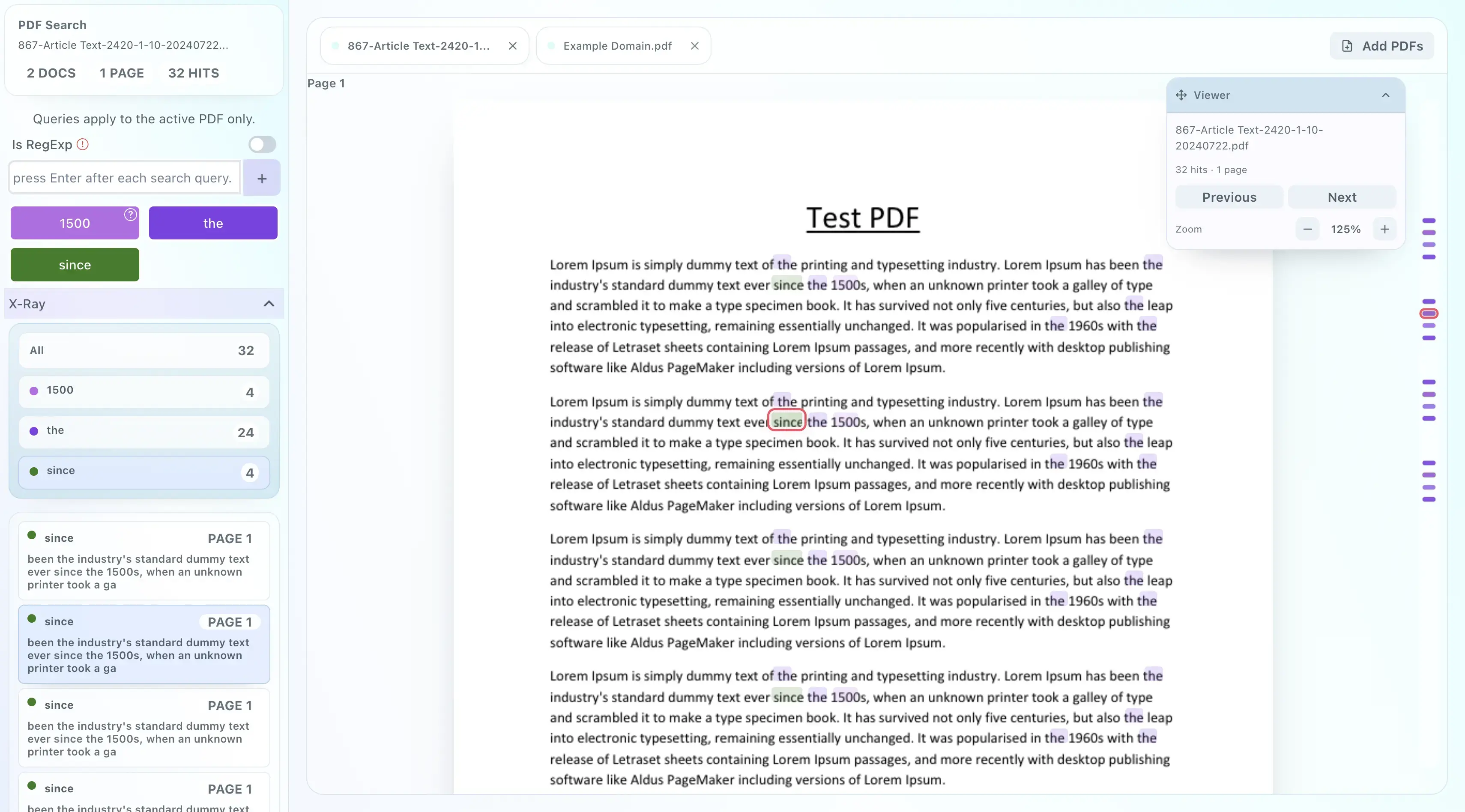 Highlighty PDF Search with queries, X-Ray, and navigation